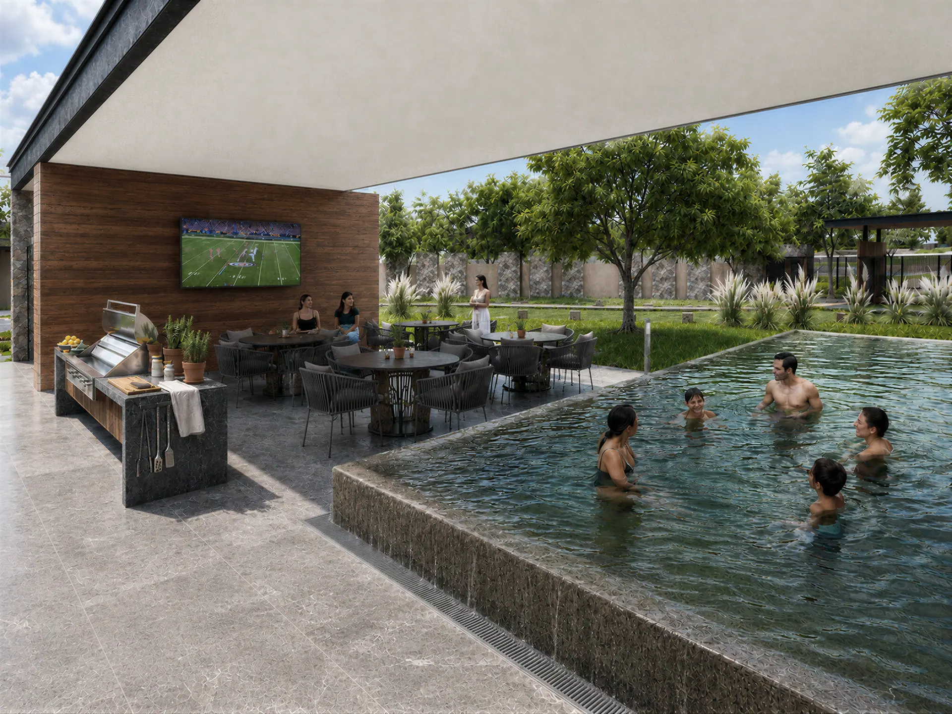 Casa club con asadores y área social de Corenta Residencial